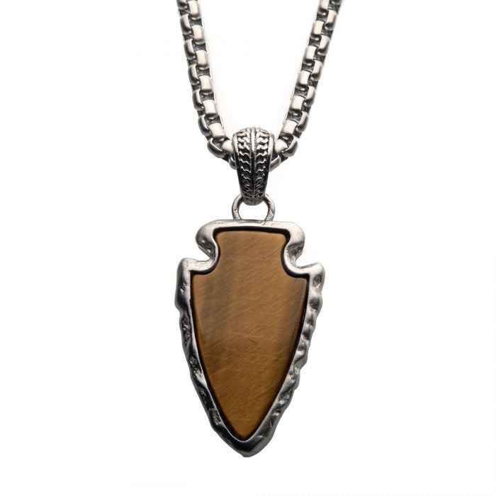 Beautiful necklaces and pendants with moonstone for an ethereal, mystical appearance-Inox Brushed Stainless Steel Tiger Eye Arrowhead Pendant with Box Chain