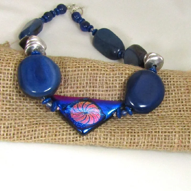 Necklaces and pendants with abstract shapes for a modern, creative appearance-Navy Blue Tagua Nut & Handmade Bead Necklace