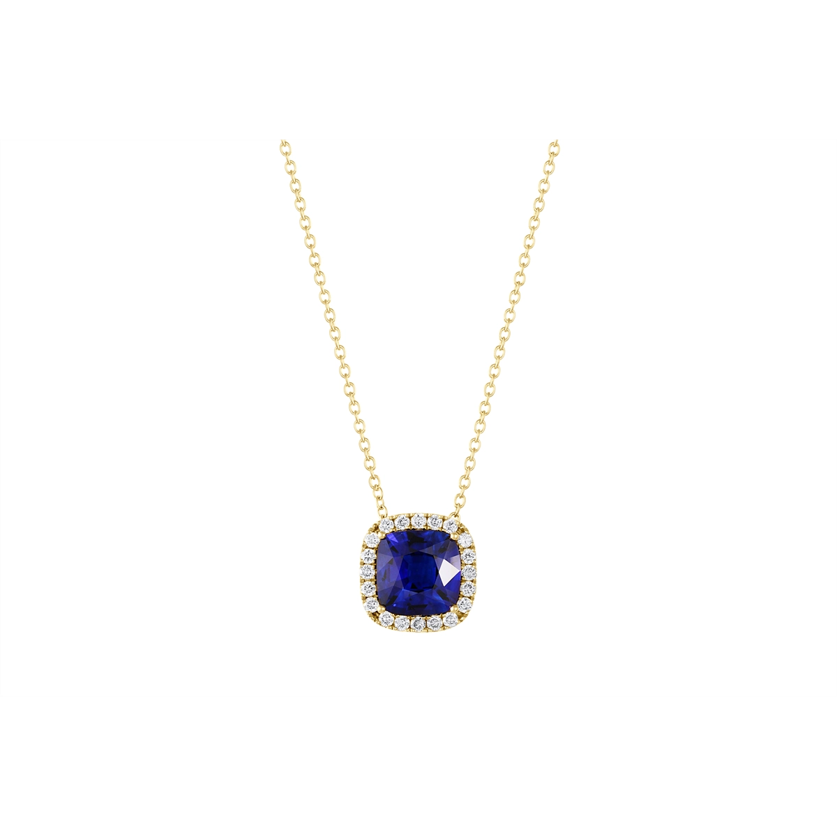 Beautiful necklaces and pendants with gemstone teardrops for an elegant effect-14K Yellow Gold Cushion Sapphire with Diamond Halo Pendant Necklace