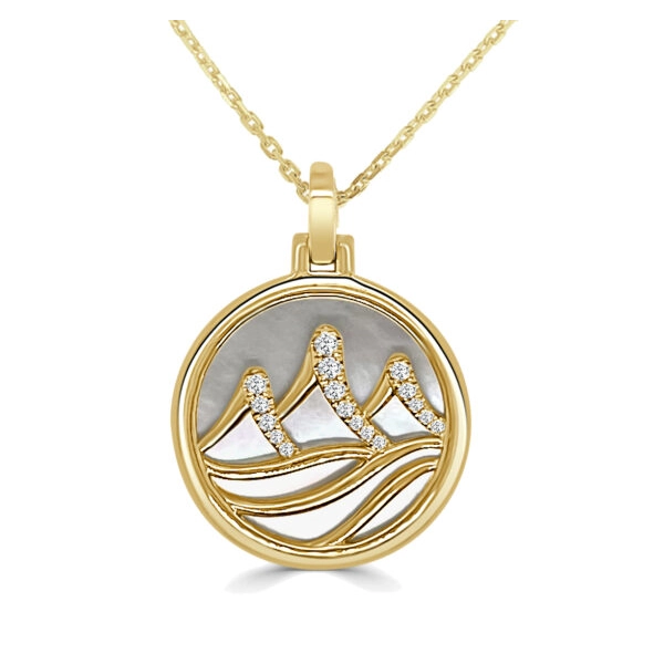 Necklaces and pendants with angel wing motifs for a spiritual, meaningful design-Frederic Sage 14K Yellow Gold Mother of Pearl Pendant Necklace with Diamond Mountain Range Design