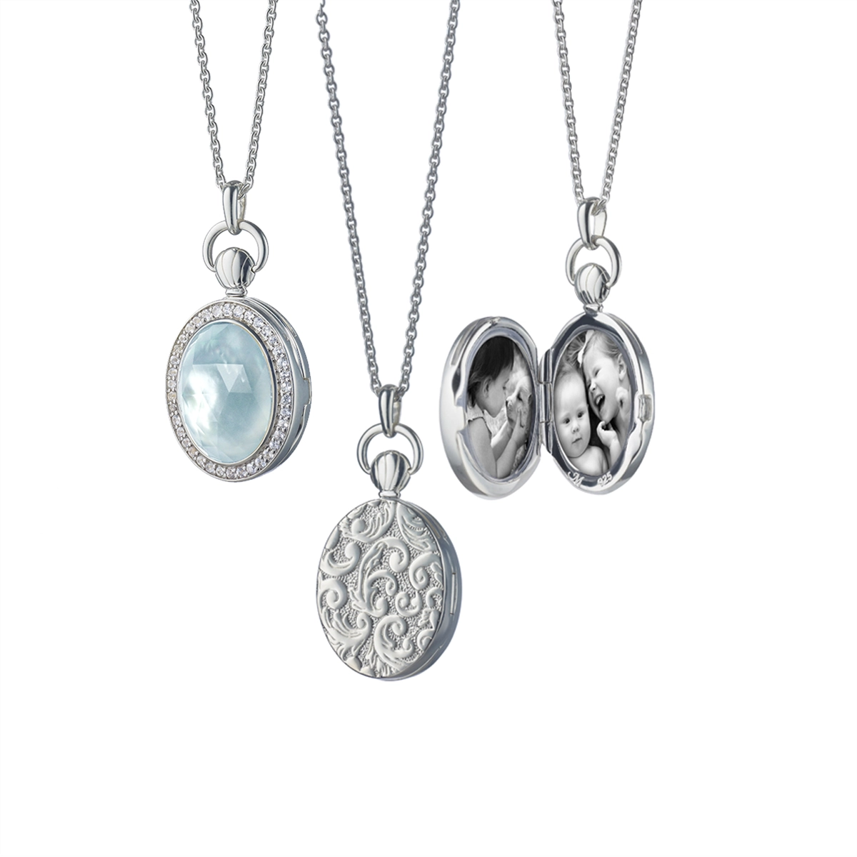 Trendy necklaces and pendants with statement pieces for a bold fashion statement-Monica Rich Kosann Sterling Silver Oval Locket with Blue Topaz over MOP Doublet and White Sapphire Border on Cable Chain