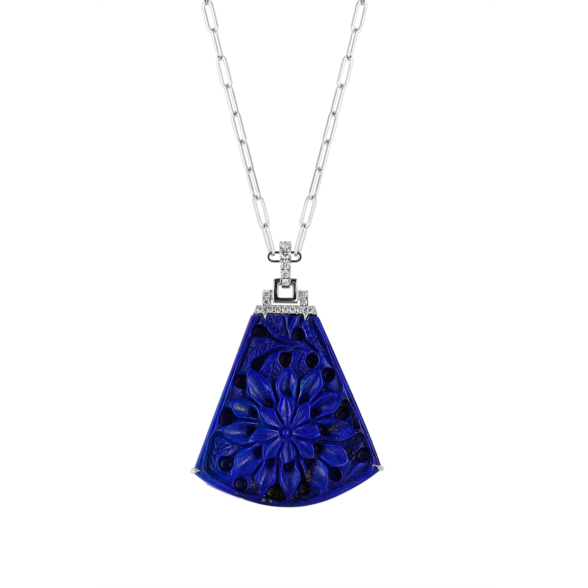 Personalized necklaces and pendants with initials for a customized and meaningful gift-Frederic Sage 14K White Gold Carved Triangular Lapis Pendant with Diamond Bail on Paperclip Chain Necklace