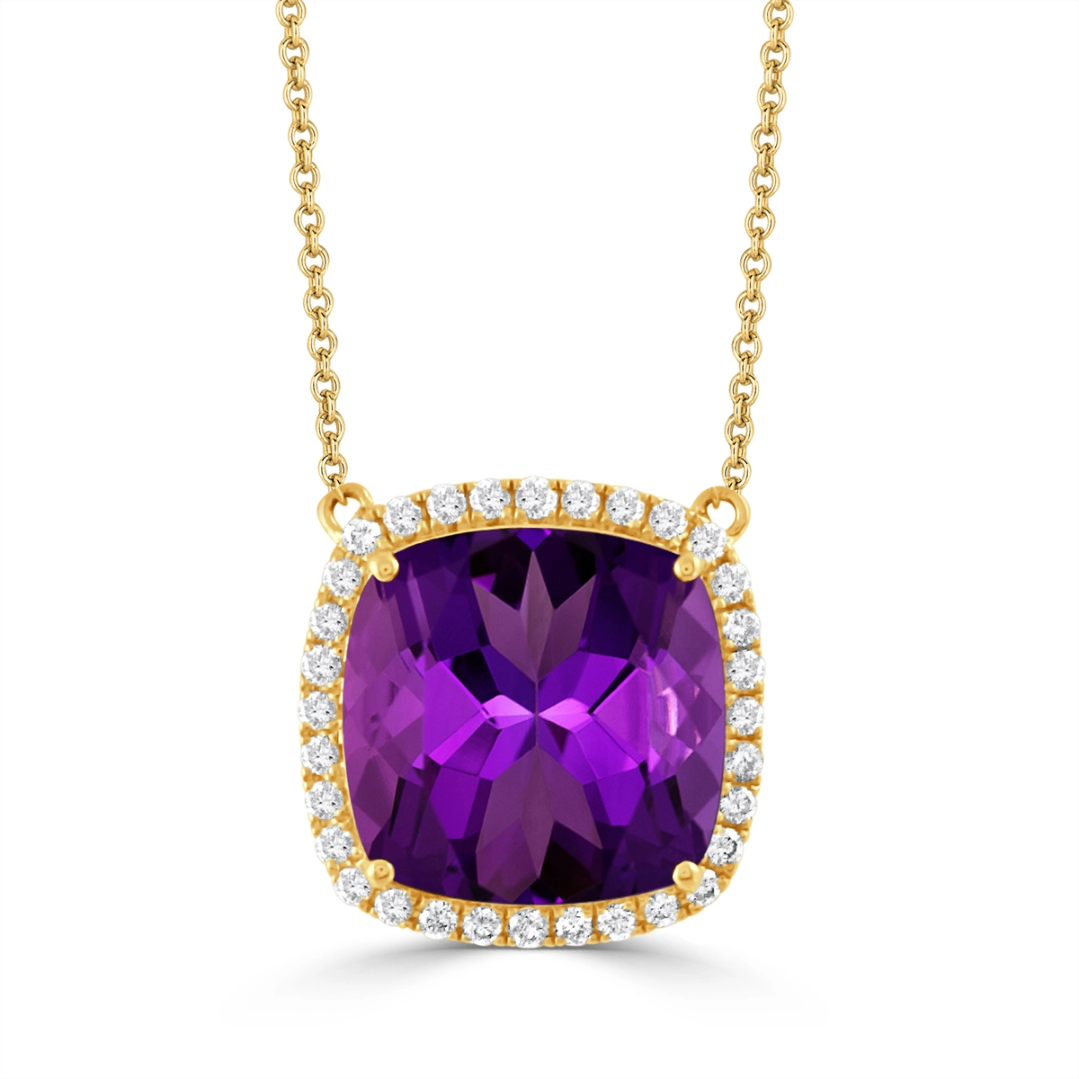 Stunning necklaces and pendants with aquamarine stones for a serene effect-Doves 18K Yellow Gold Cushion Amethyst with Diamond Halo Pendant Necklace