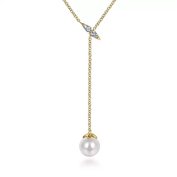 Best necklaces and pendants with heart-shaped designs for a romantic look-14K Yellow Gold Diamond Lariat Necklace with Cultured Pearl