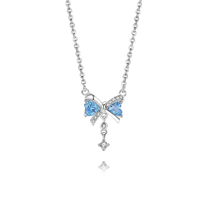 Necklaces and pendants with abstract shapes for a modern, creative appearance-925 Silver Bow Blue CZ Diamond Necklace