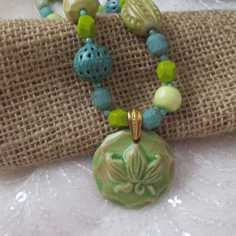 Necklaces and pendants with lotus flower designs for a spiritual, peaceful vibe-Handmade Artisan Pendant Necklace in Celery and Teal Beads