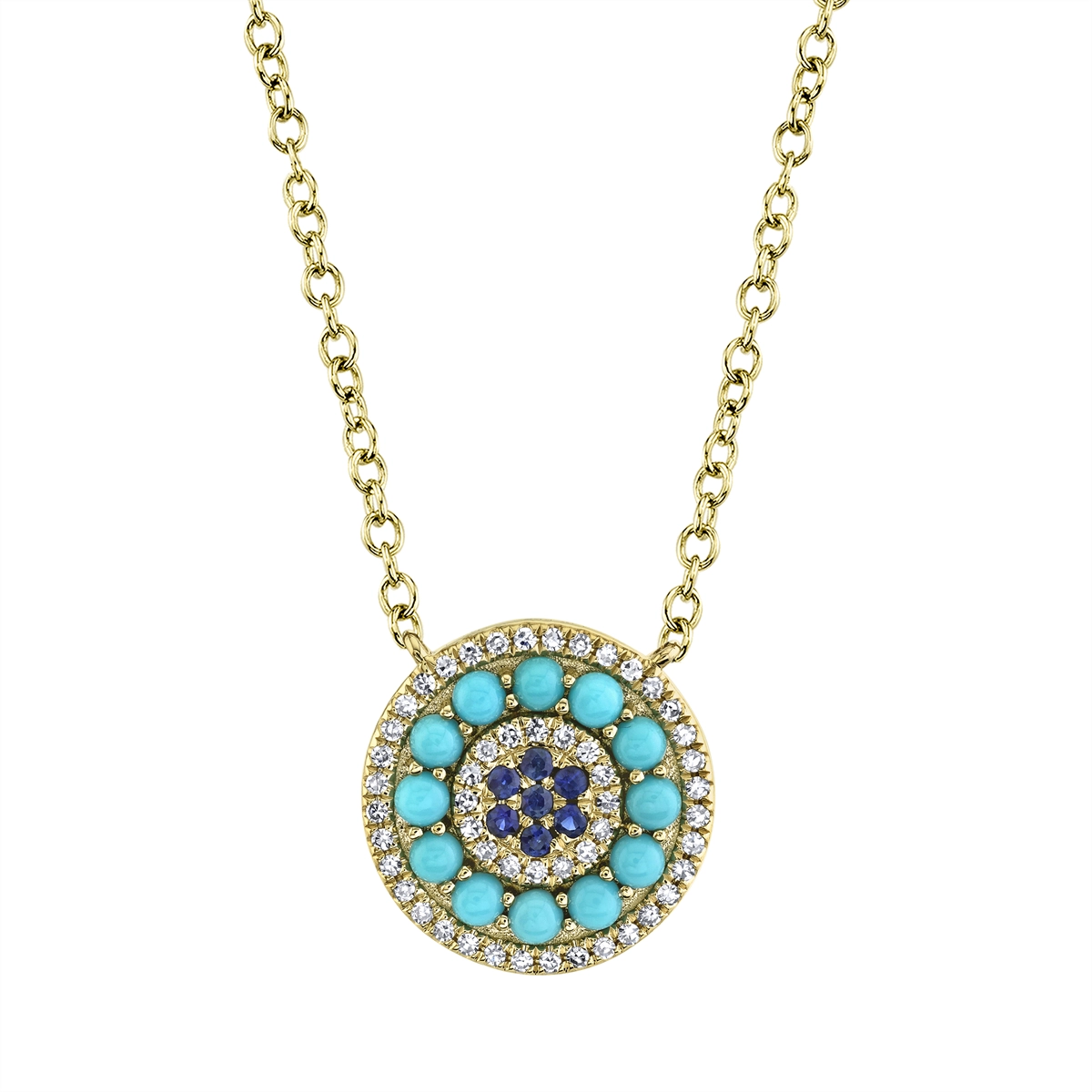 Best necklaces and pendants with butterfly pendants for a delicate, light style-14K Yellow Gold Necklace with Round Sapphire & Composite Turquoise with Diamond Halo