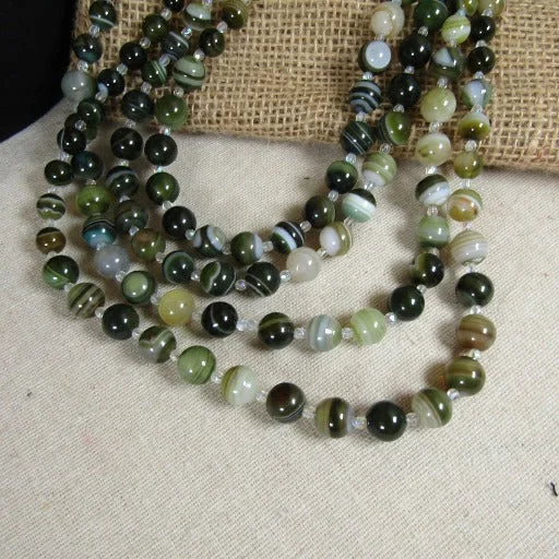 Necklaces and pendants with lotus flower designs for a spiritual, peaceful vibe-Multi-Strand Green Line Agate Beaded Necklace