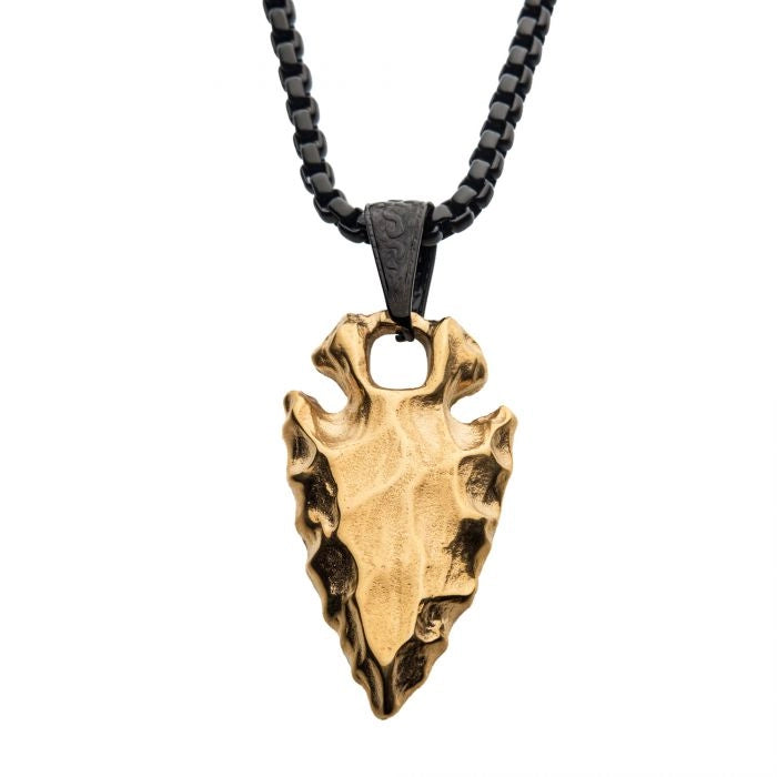 Best necklaces and pendants with personalized coordinates for a special keepsake-Inox Stainless Steel and Black and 18K Gold Ion Plated Chisled Arrowhead Pendant with Box Chain