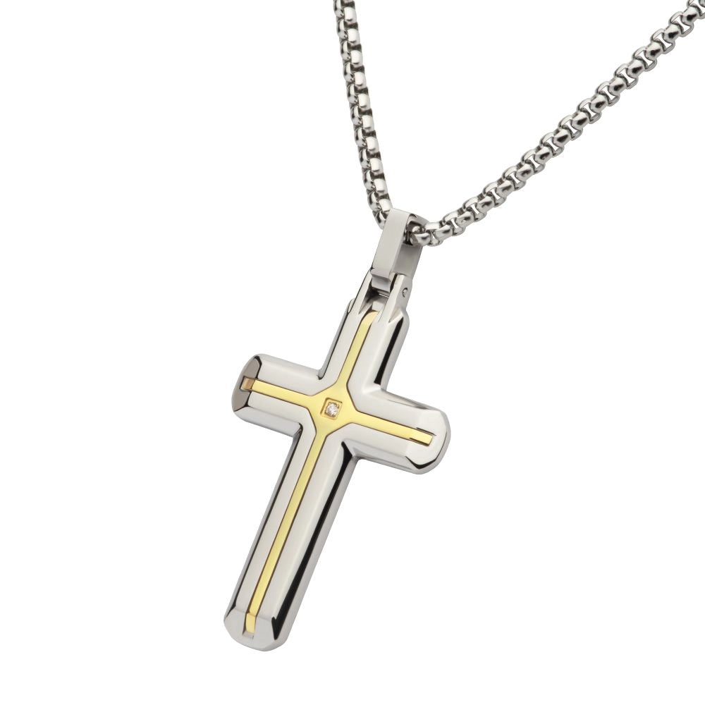 Necklaces and pendants with matching rings for a coordinated set of jewelry-Inox Stainless Steel 18K Gold IP Cross Necklace with Lab Grown Diamond, 24 inch chain