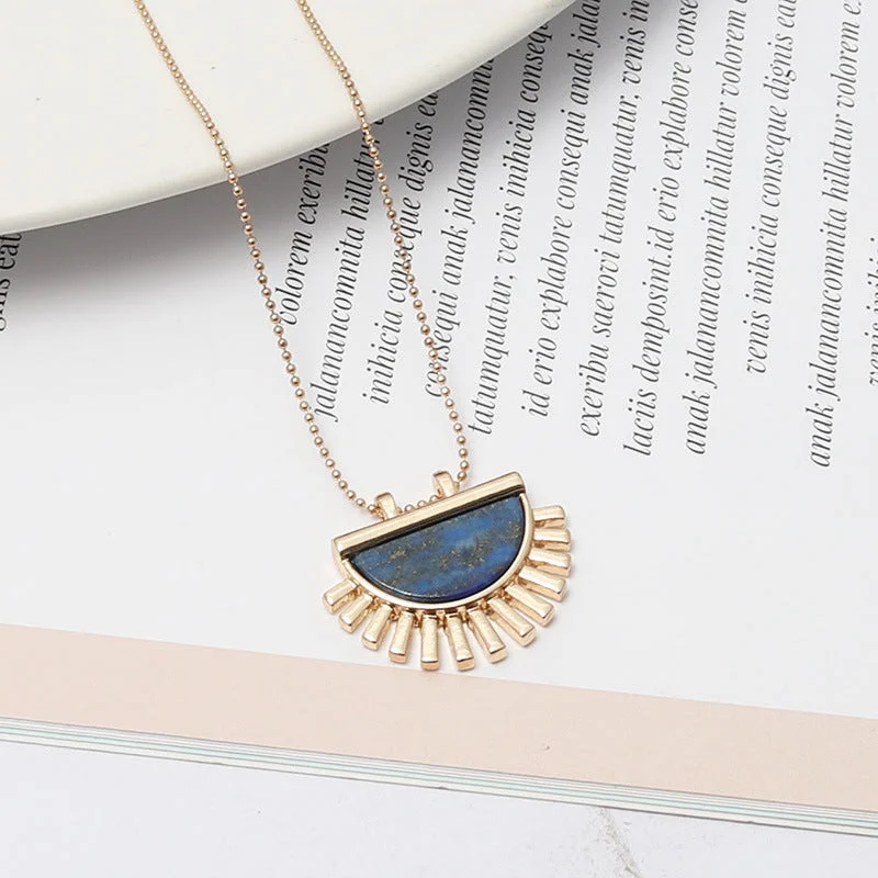 Unique necklaces and pendants with custom birthstone arrangements for personalization-Gold-Plated Half-Moon Pendant Necklace with Lapis Lazuli Sunburst Design – Unique Geometric Jewelryjltn0528