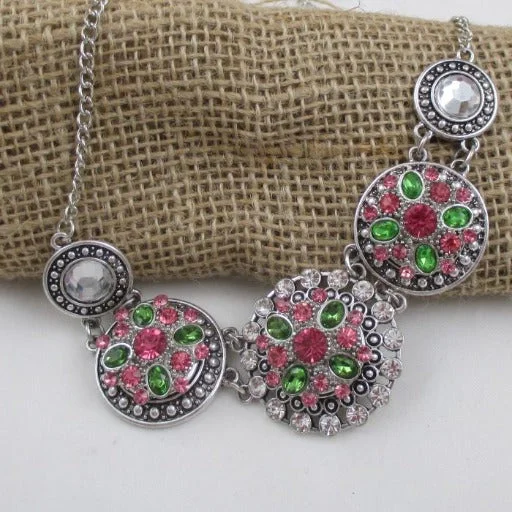 Necklaces and pendants with star-shaped designs for a whimsical, celestial touch-Pink & Green Crystal Flower  Multi Charm Necklace