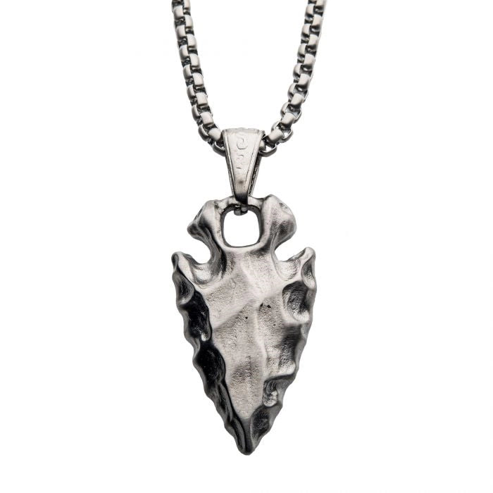 Unique necklaces and pendants with vintage-inspired designs for timeless appeal-Inox Brushed Stainless Steel Chisled Arrowhead Pendant with Box Chain