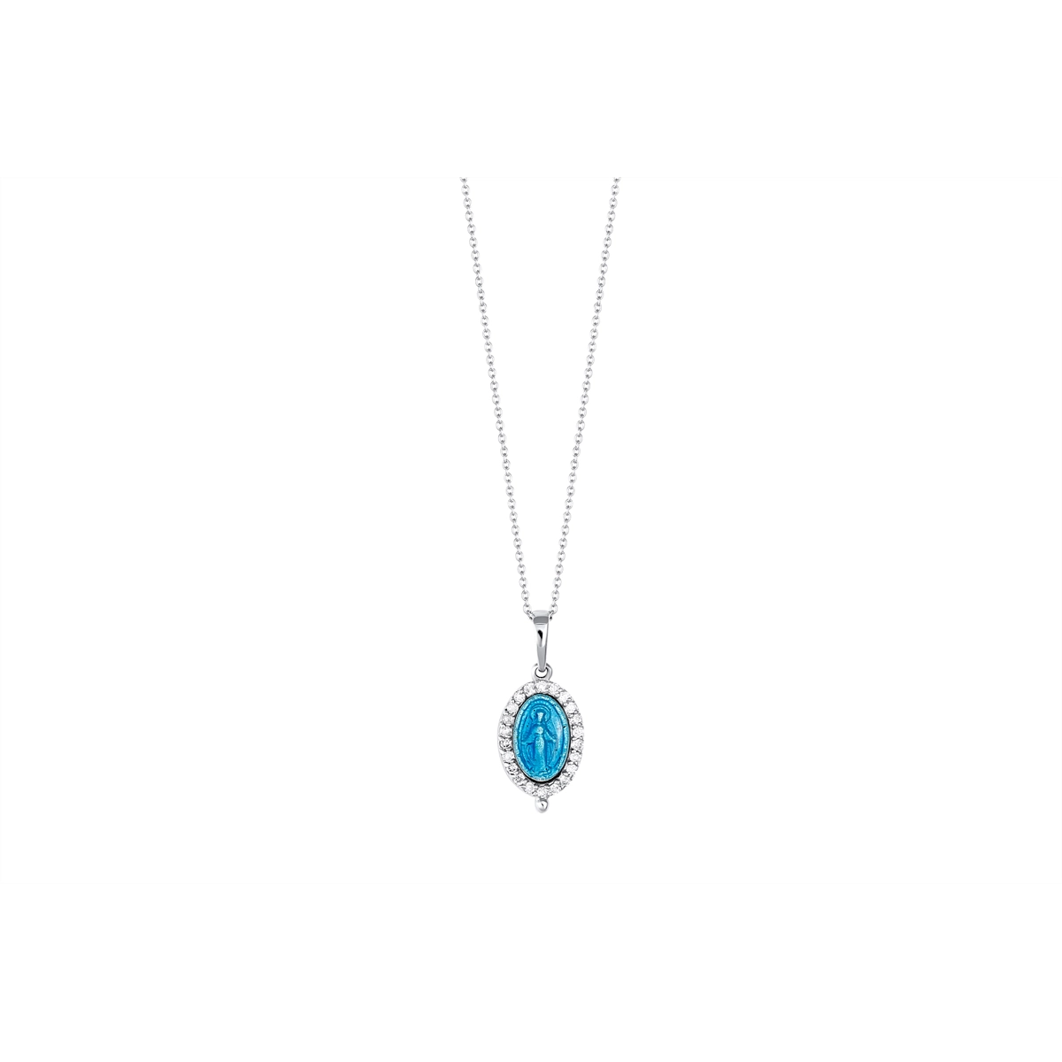 Necklaces and pendants with leaf-shaped designs for an earthy, organic feel-14K White Gold Small Virgin Mary Necklace with Diamonds, Blue Enamel