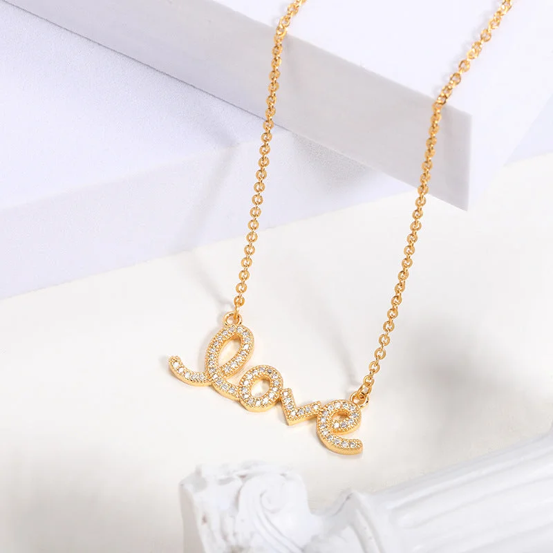 Necklaces and pendants with infinity love symbols for an eternal, romantic gesture-White Stone Inlaid on LOVE Pendant Gold Necklace JLTN1292