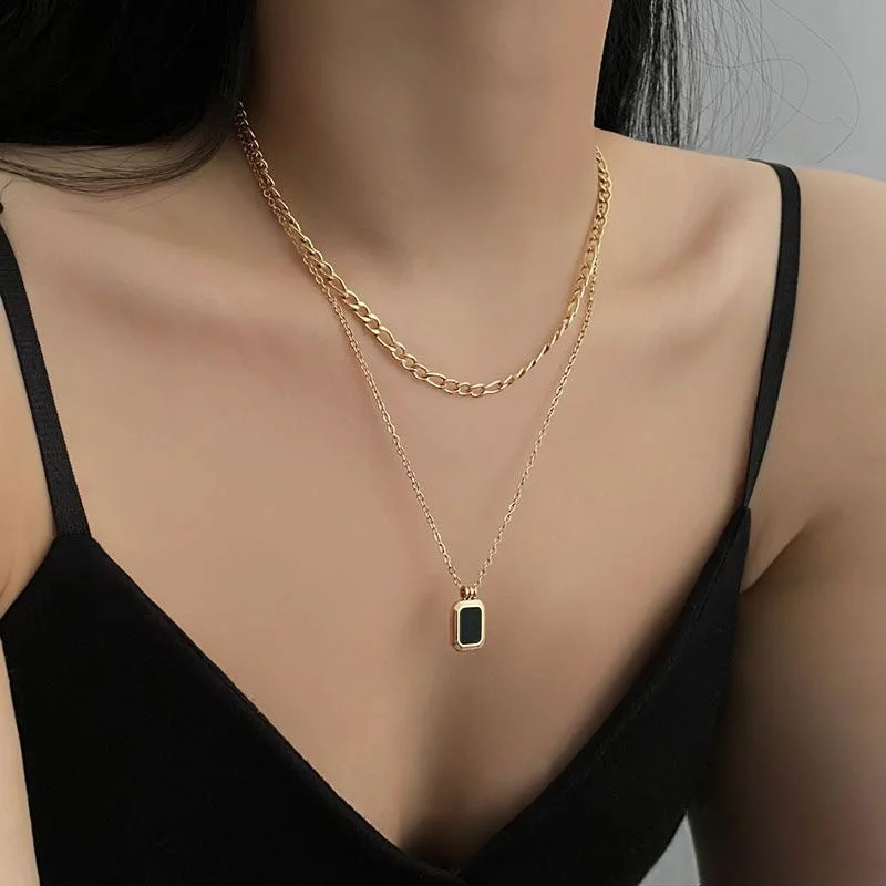 Best necklaces and pendants with intricate beadwork for a bohemian-inspired look-Onuyx Two Layer square Gold Necklace jltn1136