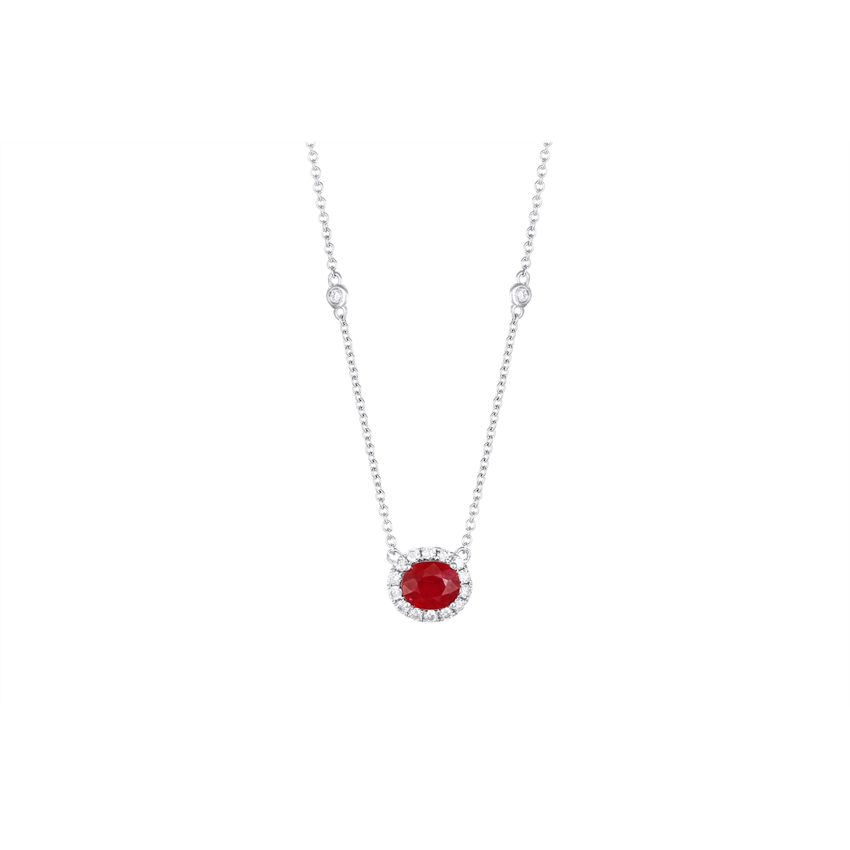 Stunning necklaces and pendants with birthstone pendants for a personal touch-14K White Gold East to West Oval Ruby with Diamond Halo Pendant Necklace