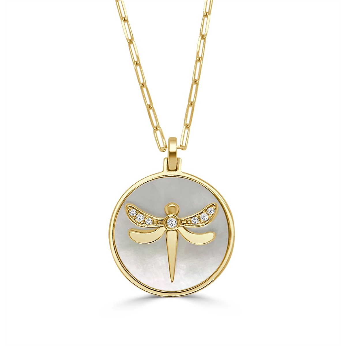 Stunning necklaces and pendants with ruby gemstones for a luxurious red hue-Frederic Sage 14K Yellow Gold Dragonfly Pendant with Mother of Pearl and Diamonds on Paperclip Chain Necklace