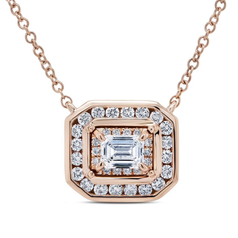 Necklaces and pendants with geometric pendants for a clean, contemporary design-14K Rose Gold Diamond Pendant Necklace, East to West Emerald Cut with Double Halo