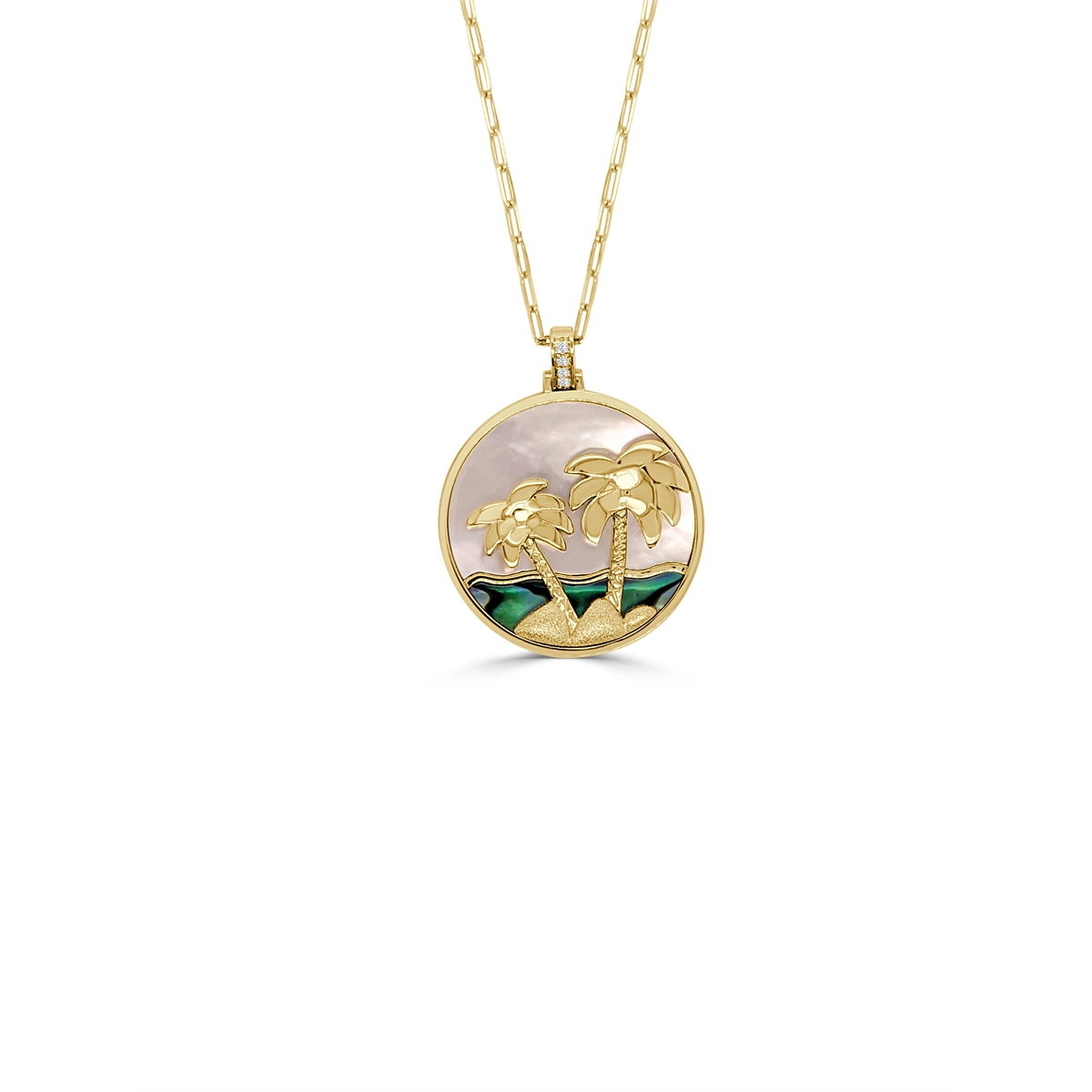 Best necklaces and pendants with glowing moonstone for an ethereal glow-Frederic Sage 14K Yellow Gold MOP and Abalone Palm Tree Pendant with Diamond Bail on Mini Paperclip Chain