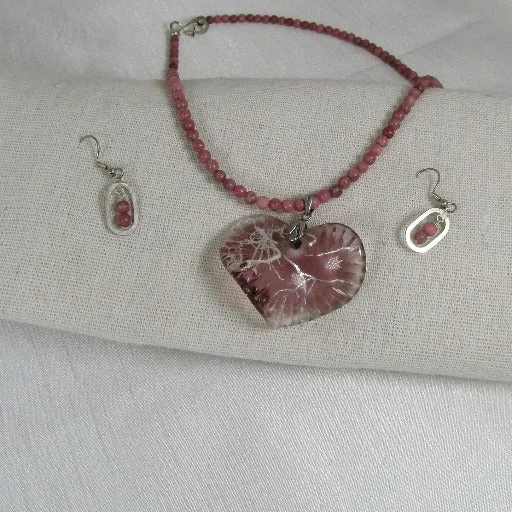 Beautiful necklaces and pendants with diamond-encrusted designs for maximum sparkle-Pink Glass Heart Pendant On Pink Gemstone Necklace & Earrings