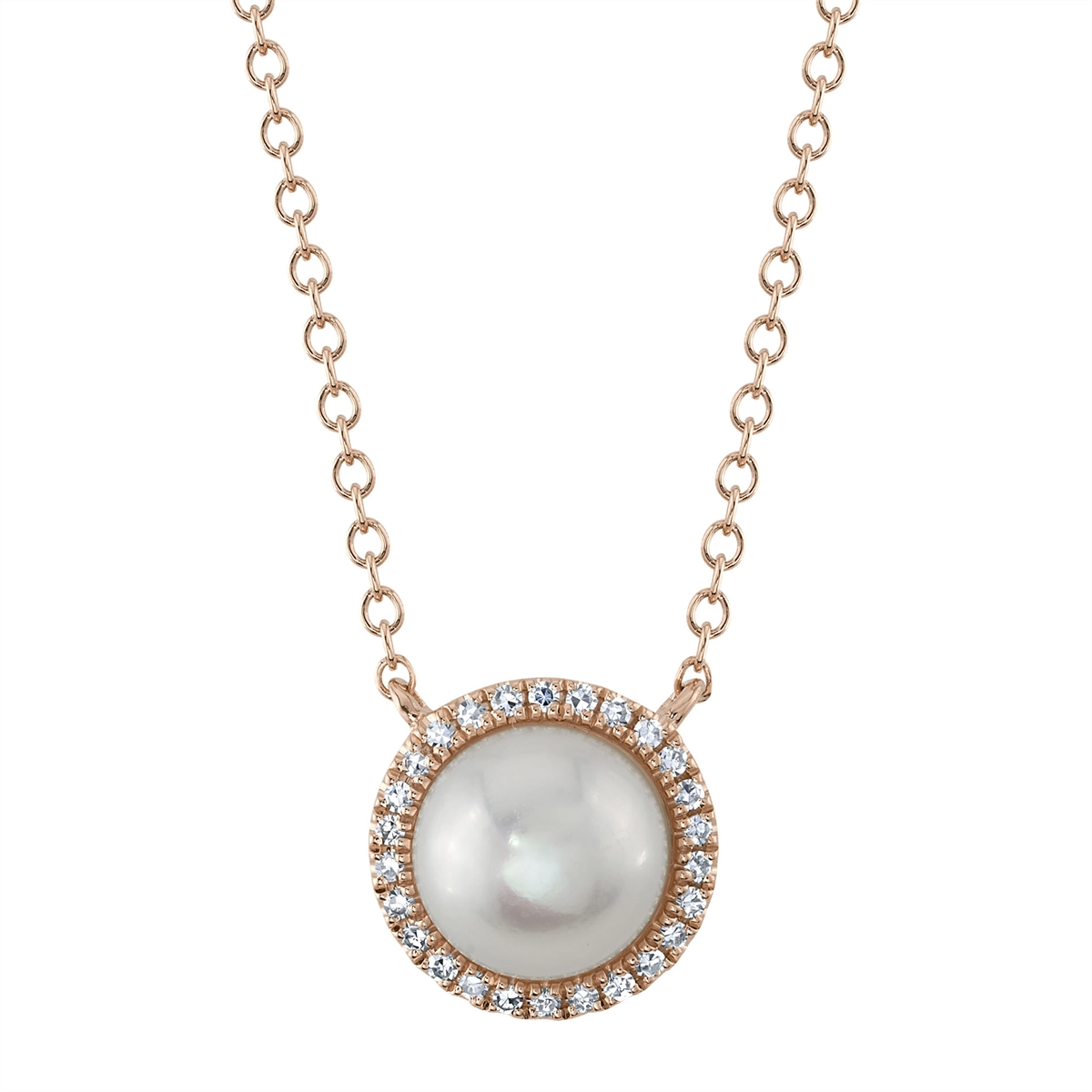 Necklaces and pendants with matching rings for a coordinated set of jewelry-14K Rose Gold Cultured Pearl with Diamond Halo Pendant Necklace