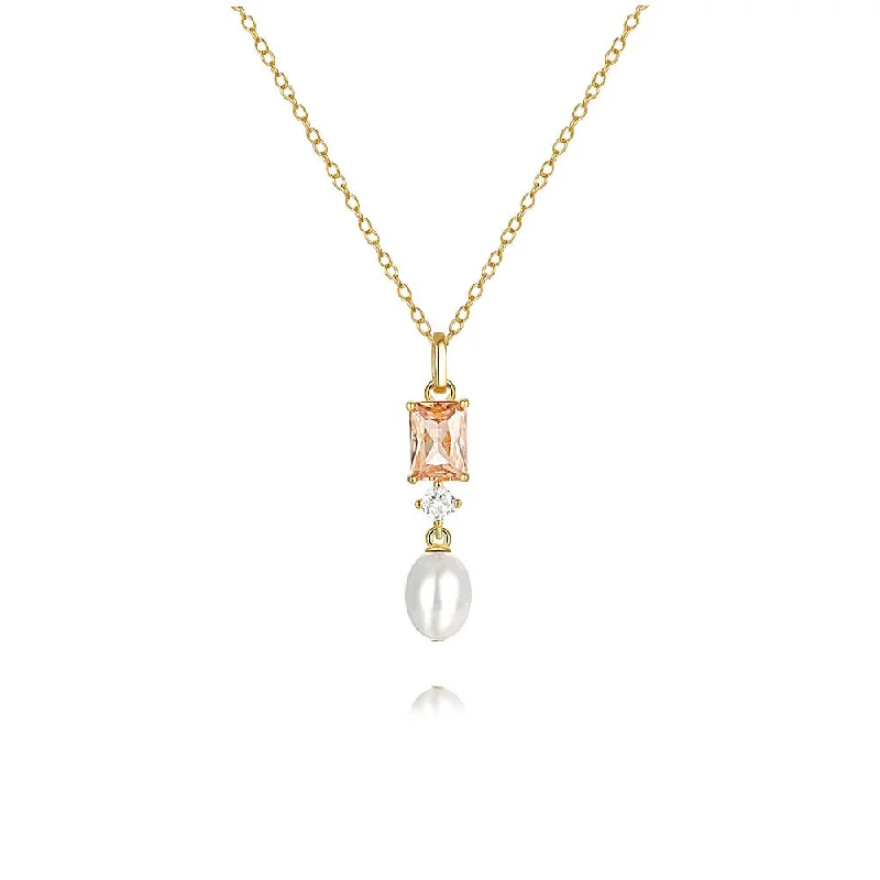 Best necklaces and pendants with intricate filigree for vintage-inspired elegance-Orange Square CZ Diamond Pearl Pendant Necklace