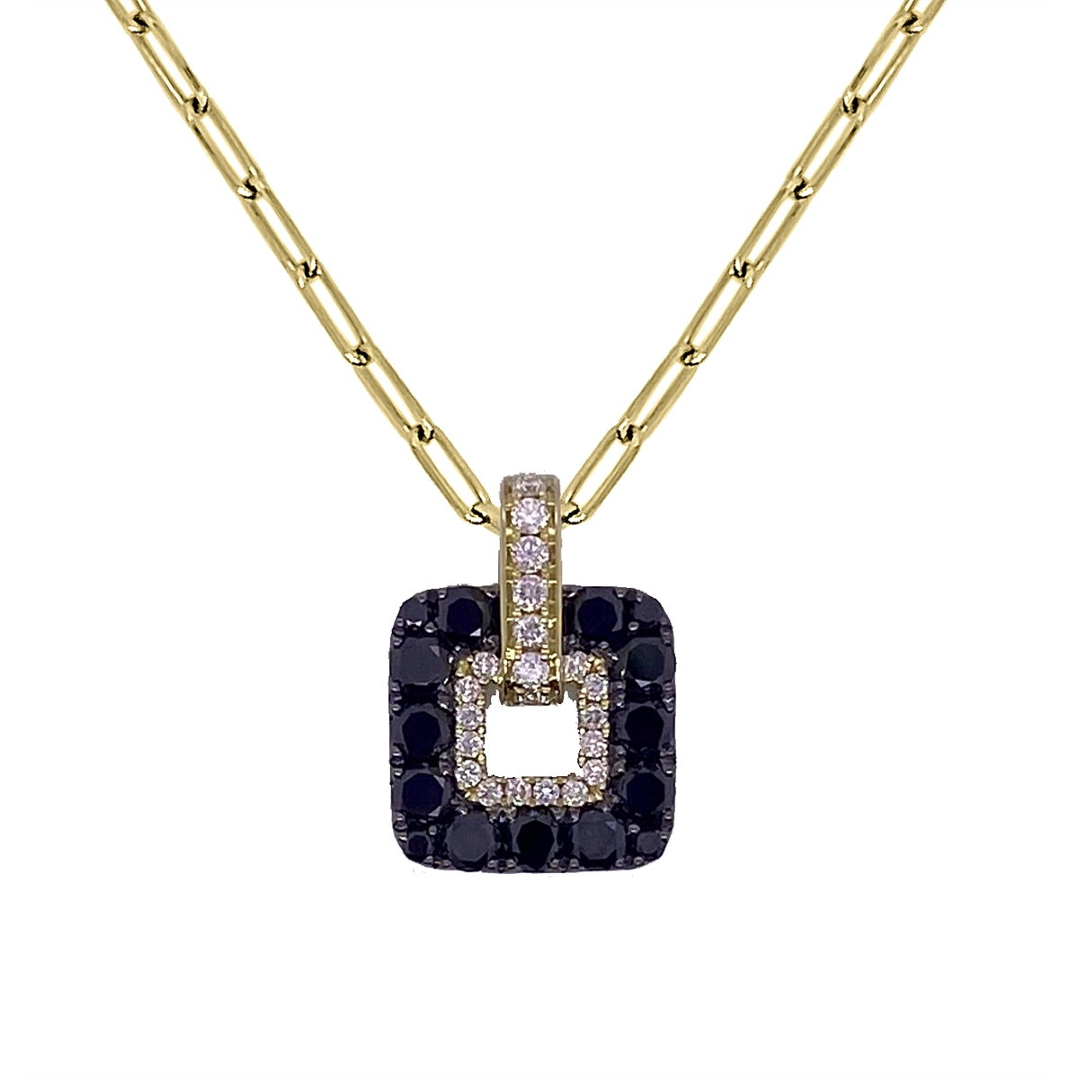 Necklaces and pendants with abstract shapes for a modern, creative appearance-Frederic Sage 14K Yellow Gold Cushion Open Nebula Pendant with White and Black Diamond on Mini Paperclip Chain