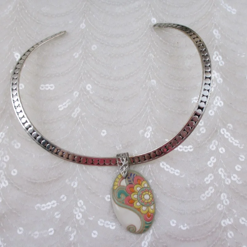 Best necklaces and pendants with heart-shaped lockets for a sentimental keepsake-Handmade Pink & Green Big Oval Pendant on Unique Silver Neck Wire