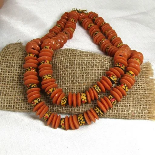 Unique necklaces and pendants with vintage-inspired designs for timeless appeal-Orange African Trade Bead Double-strand Necklace