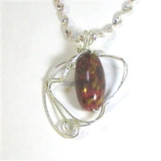 Necklaces and pendants with enamel accents for a colorful, eye-catching appearance-Red Handmade Artisan Bead Wire Wrap Pendant Sterling Silver Chain