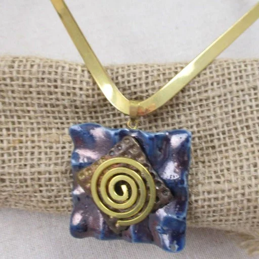 Best necklaces and pendants with cross pendants for a spiritual, meaningful symbol-Navy Blue Handmade  Raku Pendant  Spiral On Gold Neck Wire