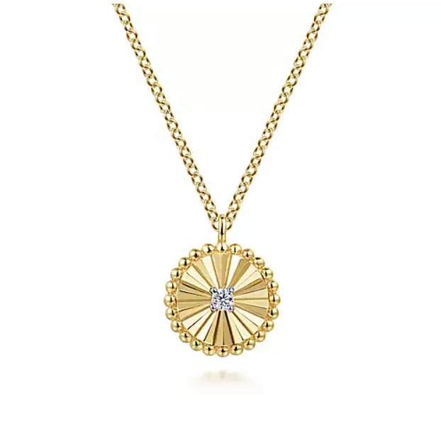 Trendy necklaces and pendants with geometric shapes for a modern aesthetic-14K Yellow Gold Round Ray Design Pendant with Diamond Center Necklace