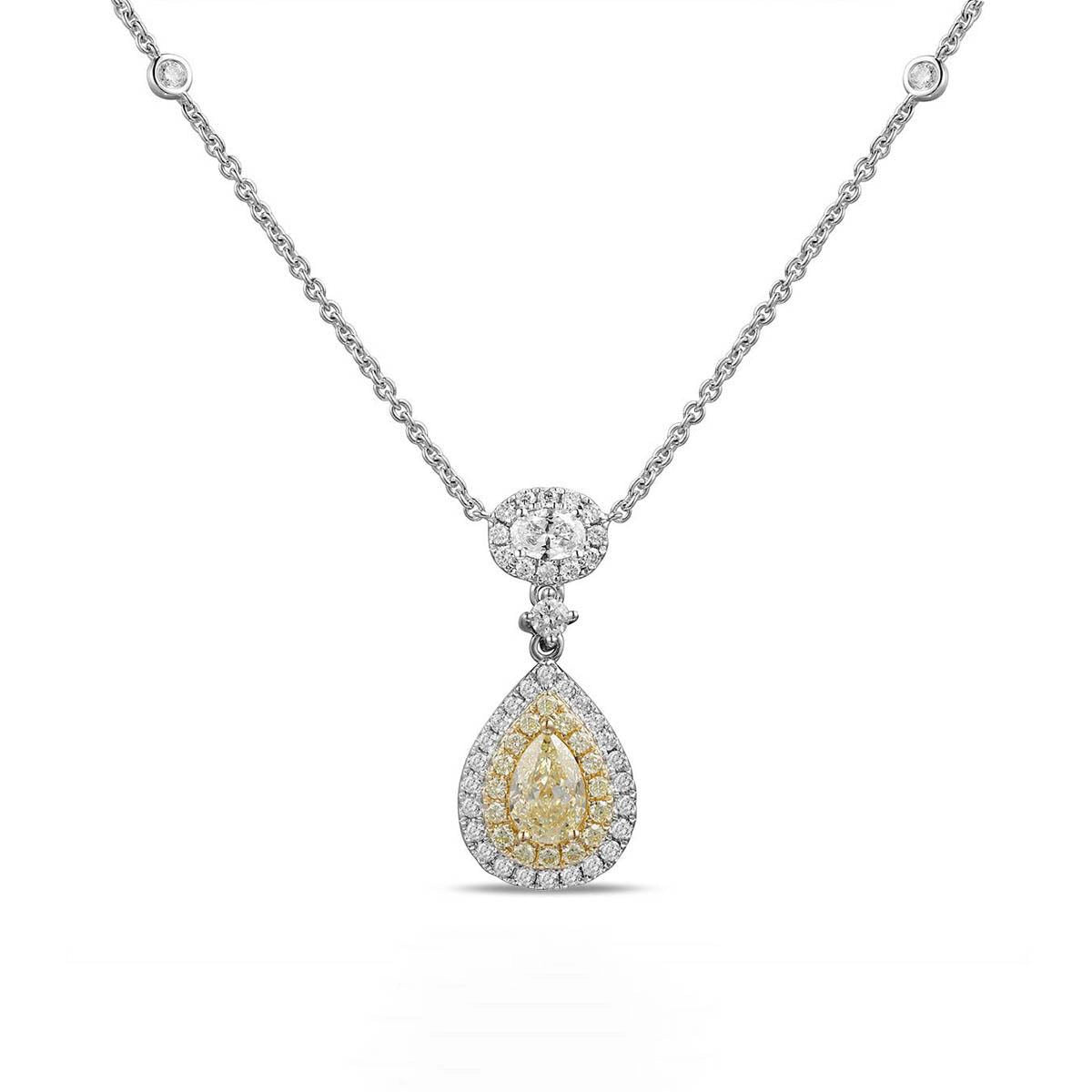 Necklaces and pendants with angel wing motifs for a spiritual, meaningful design-18K White Gold Pear Yellow Diamond with Yellow and White Diamond Halo and Oval with Halo Pendant Necklace