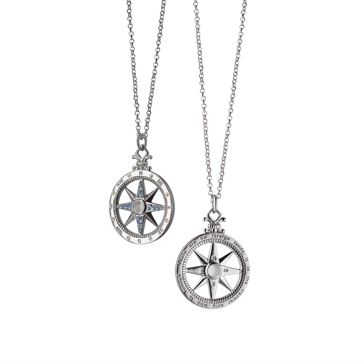 Necklaces and pendants with custom engravings for a personal, meaningful gift-Monica Rich Kosann Sterling Silver Global Compass Charm Necklace with Moonstone Cabochon and Blue and White Sapphires