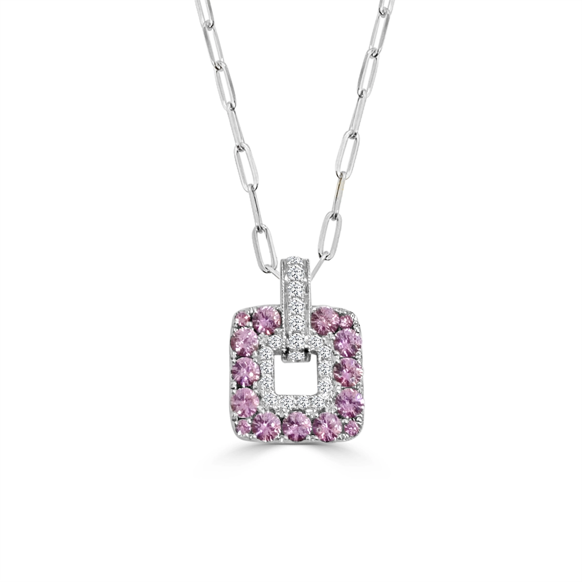 Best necklaces and pendants with layered designs for a chic, stacked look-Frederic Sage 14K White Gold Cushion Open Nebula Pendant with White Diamonds and Pink Sapphire on Mini Paperclip Chain