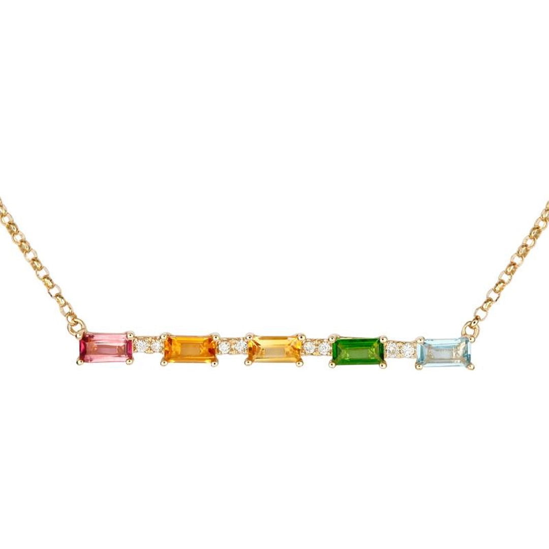 Trendy necklaces and pendants with geometric shapes for a modern aesthetic-14K Yellow Gold Curved Bar Necklace with Citrine, Peridot, Blue Topaz, Pink Tourmaline and Diamonds