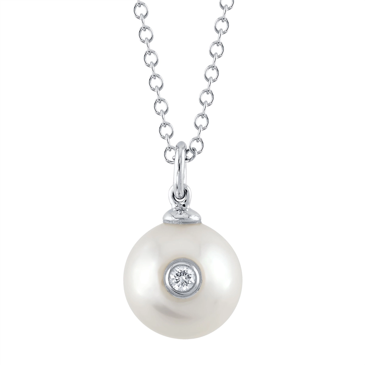 Personalized necklaces and pendants with coordinates for a meaningful location-based gift-14K White Gold Cultured Pearl with Inserted Bezel Set Diamond Necklace