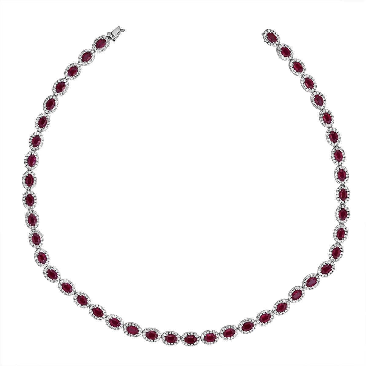 Beautiful necklaces and pendants with layered chains for a fashionable, chic look-18K White Gold Oval Ruby Necklace with Diamond Halos