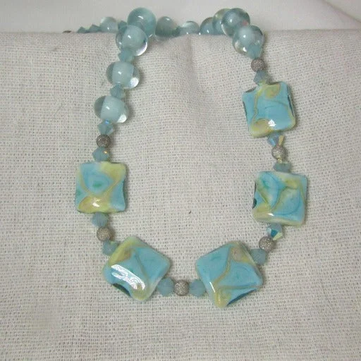 Stunning necklaces and pendants with jade gemstones for a calming green hue-Handmade Artisan Bead Necklace in Aqua