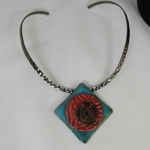 Best necklaces and pendants with crystal accents for a sparkling and elegant style-Handmade Coral & Turquoise Raku Glazed Pendant on Gunmetal Choker