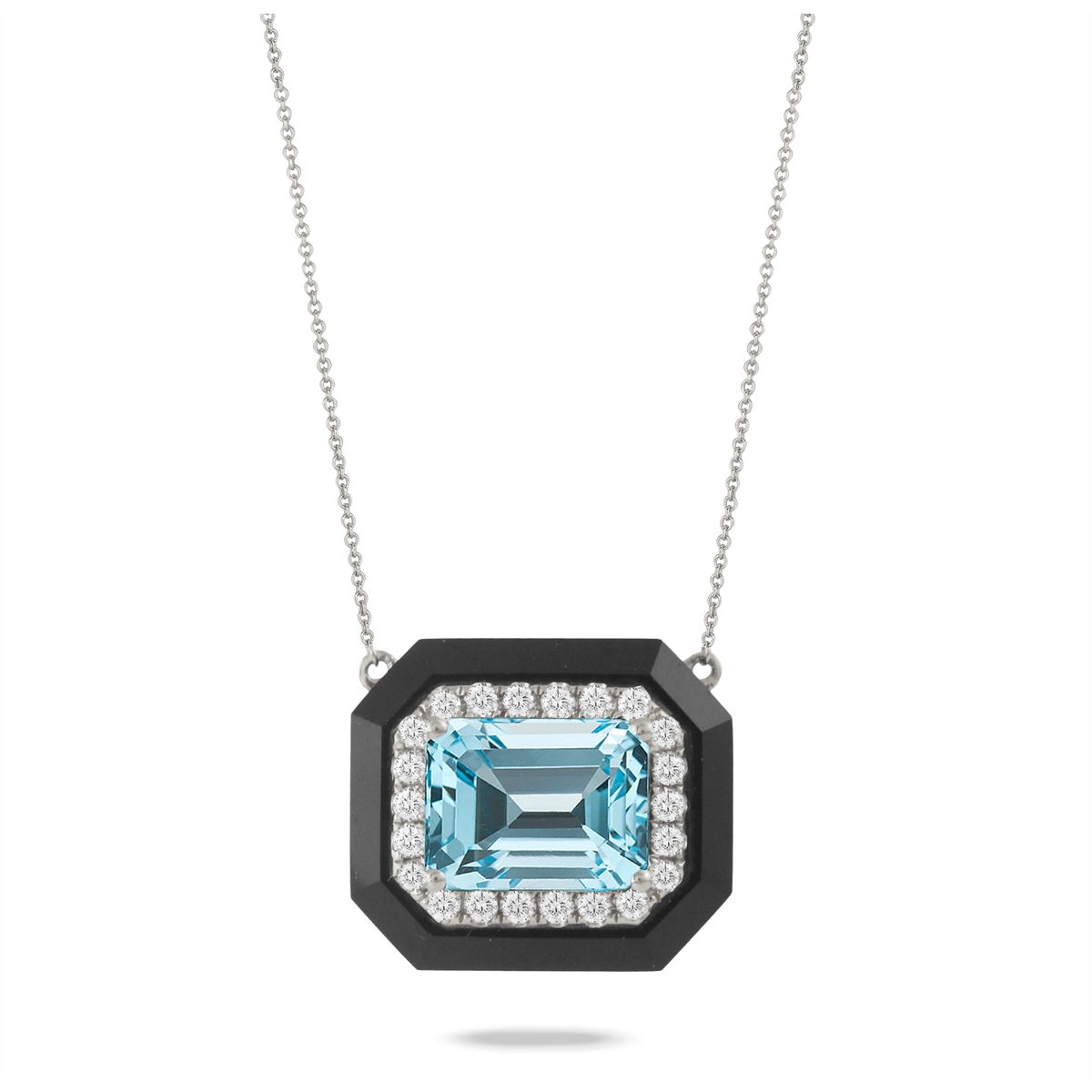 Best necklaces and pendants with emerald gemstones for a rich, sophisticated design-Doves 18K White Gold Sky Blue Topaz with Diamond Halo and Black Onyx Border Pendant Necklace