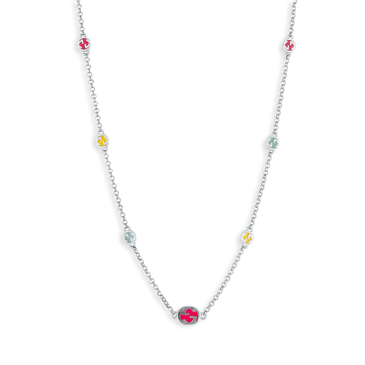 Necklaces and pendants with lock and key designs for a symbolic gesture-Gucci Sterling Silver Interlocking G Necklace with Multi-Color Enamel, 17.5 inch