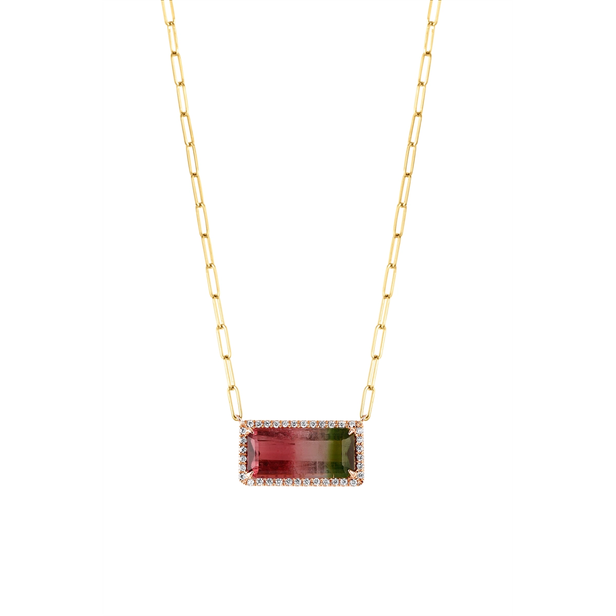 Best necklaces and pendants with opal gemstones for an iridescent glow-Frederic Sage 14K Rose Gold East to West Watermelon Tourmaline with Diamond Halo on Yellow Gold Paperclip Chain Necklace