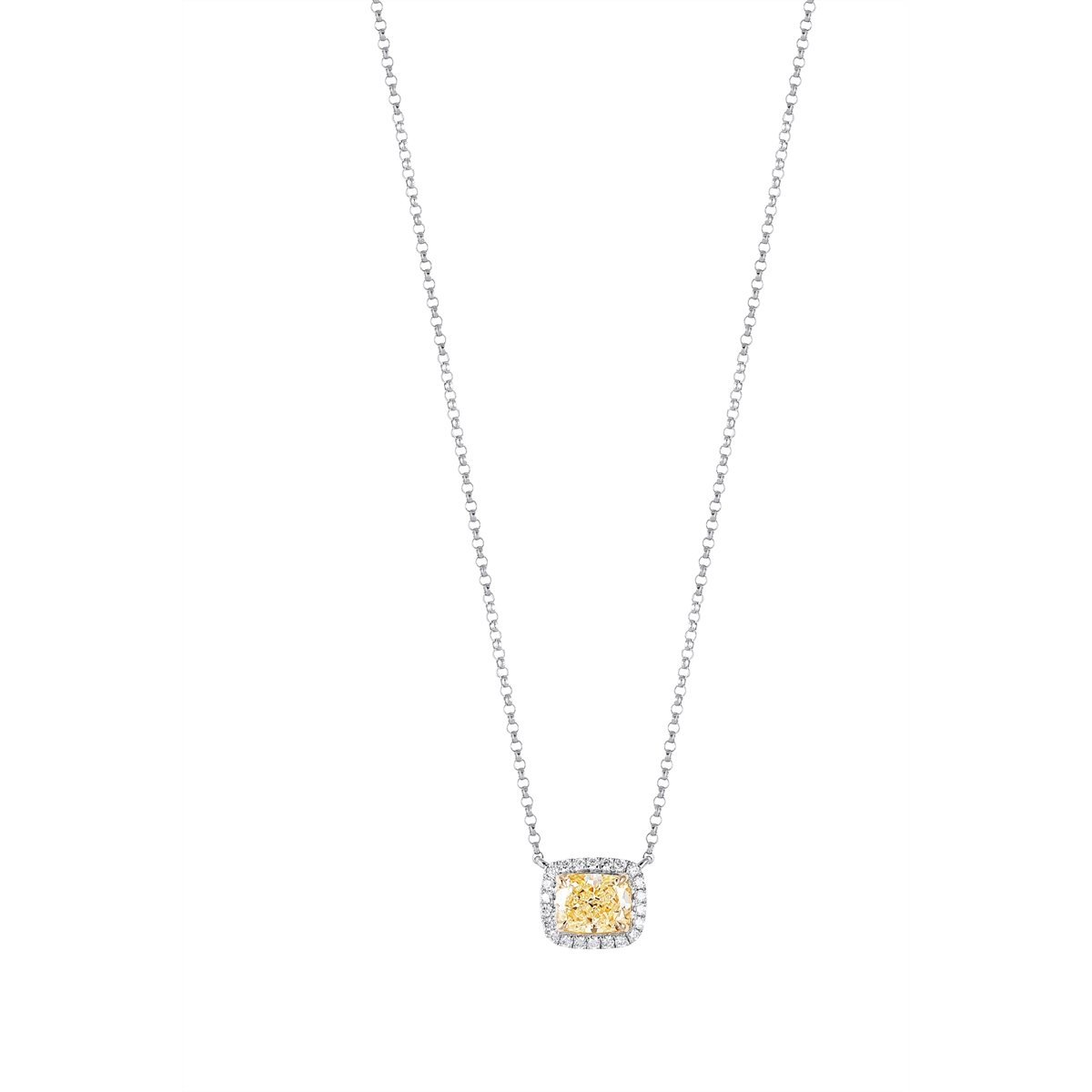 Necklaces and pendants with ocean-inspired designs for a refreshing, beachy feel-14K White and Yellow Gold Cushion Fancy Yellow Diamond with Halo Pendant Necklace