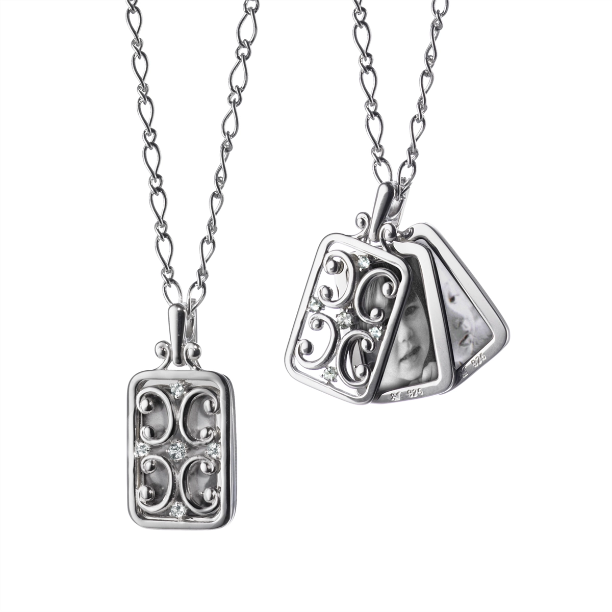 Best necklaces and pendants with statement designs for a fashionable accessory-Monica Rich Kosann Sterling Silver Rectangular Gate Frame Pendant with White Sapphires and Two Image Cases on Figaro Chain