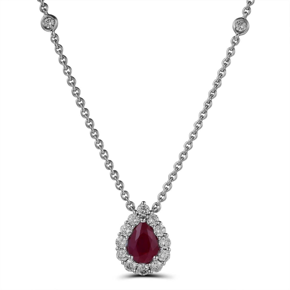 Unique necklaces and pendants with custom birthstone arrangements for personalization-18K White Gold Pear Ruby with Diamond Halo Pendant Necklace