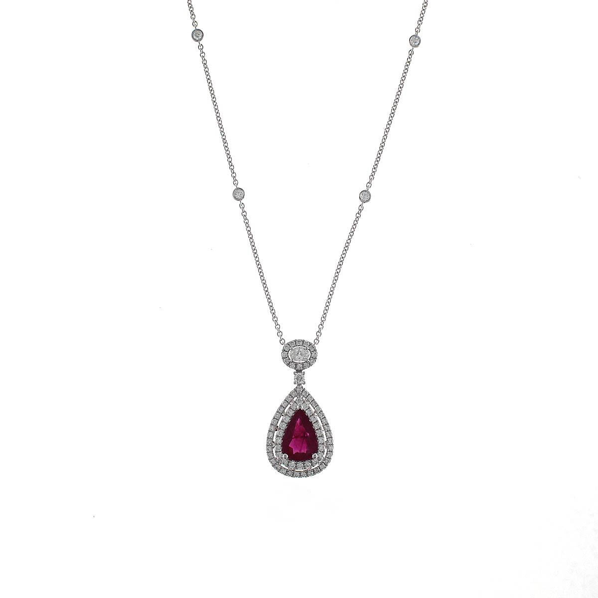 Best necklaces and pendants with black diamonds for an edgy, bold statement-18K White Gold Pear Ruby with Double Diamond Halo Pendant Necklace