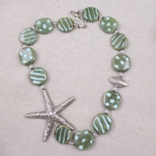 Stunning necklaces and pendants with jade gemstones for a calming green hue-Green Kazuri and Silver Starfish Necklace Fair Trade