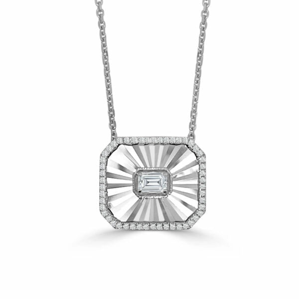 Beautiful necklaces and pendants with geometric shapes for a modern, artistic design-Frederic Sage 14K White Gold Medium Bella Pendant with Emerald Diamond Center and Round Diamond Halo